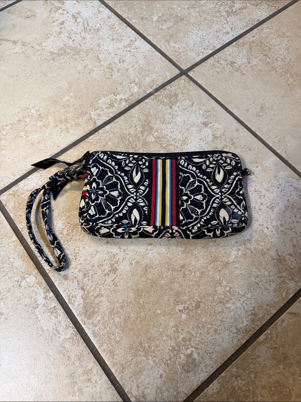 Vera Bradley Black Floral Wristlet with Multicolor Stripe